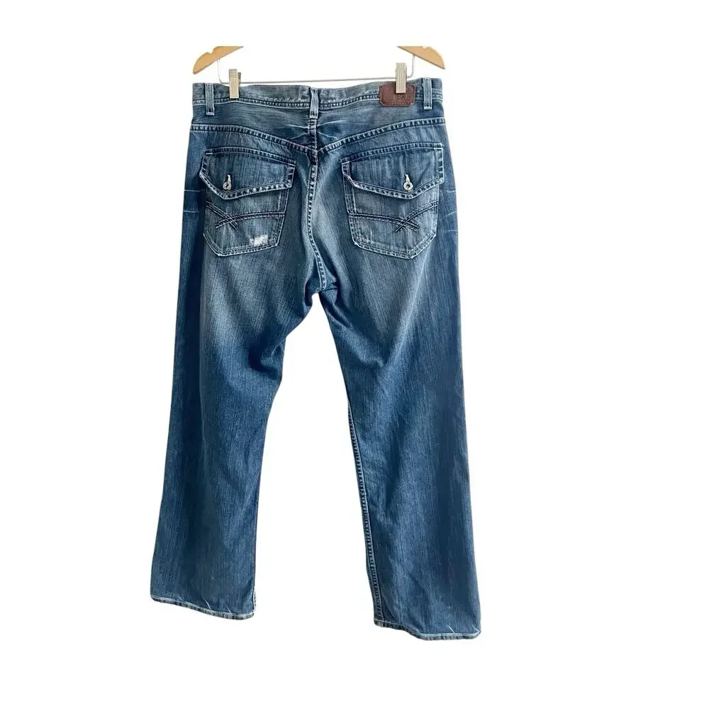 BKE Derek Jeans Mens 35 X 32 Distressed Thick Stitch Whiskered Cowboy Rodeo EUC